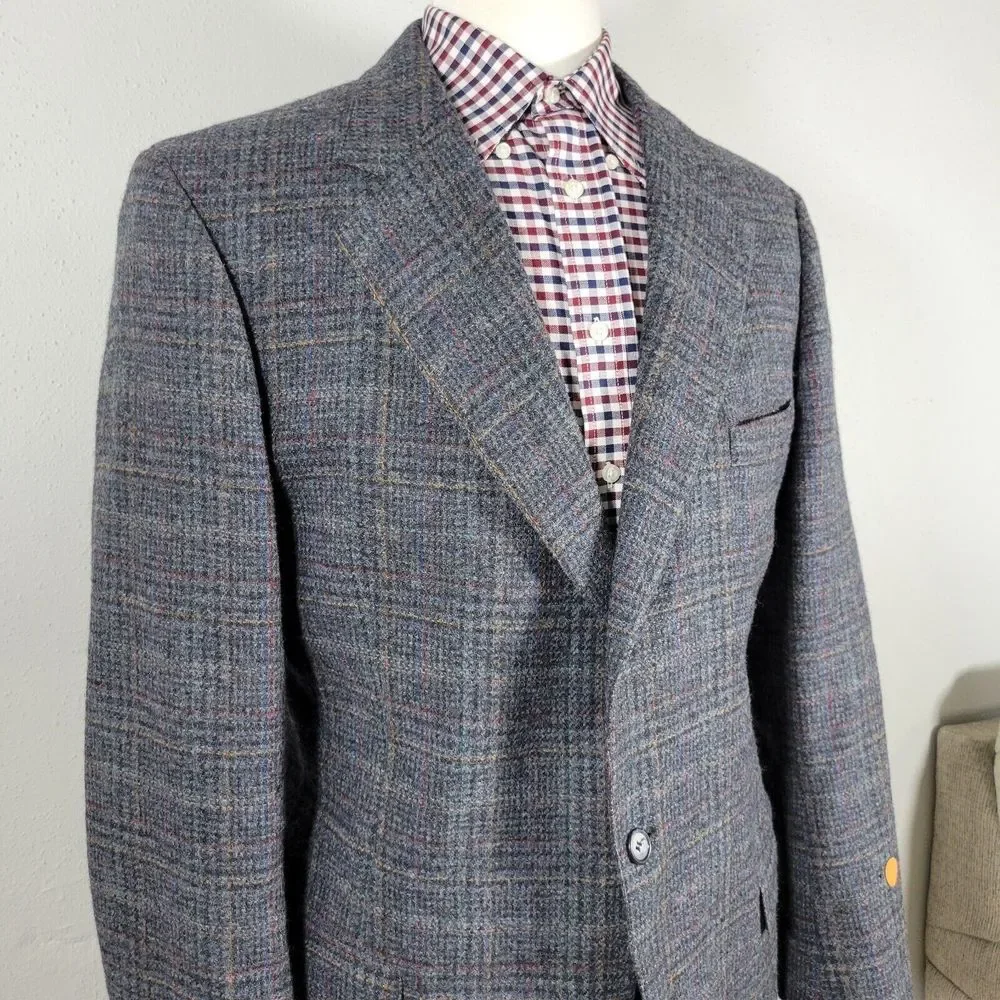 VTG John Alexander Men's Tweed Sport Coat Blazer‎ Two Button Plaid Gray Sz 44R